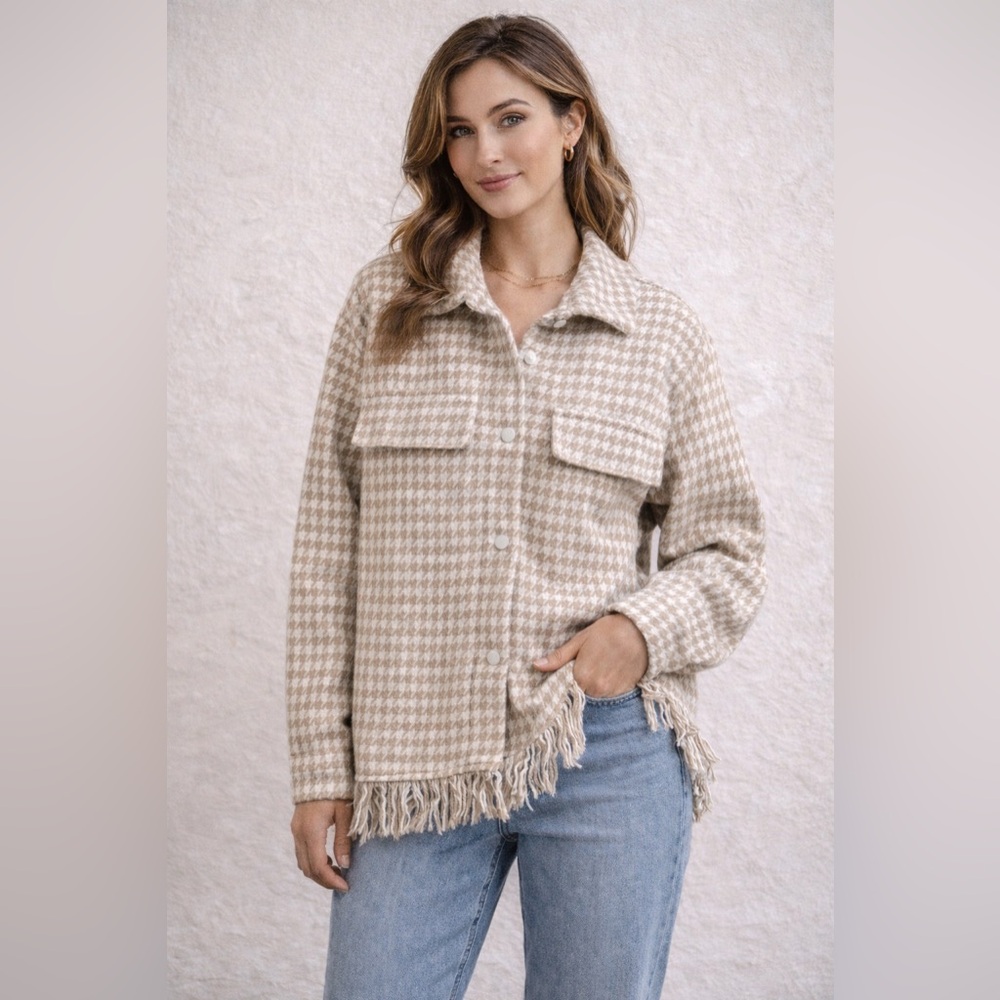 Shero Oversized Houndstooth Fringe Shacket Tan White | Oversized S